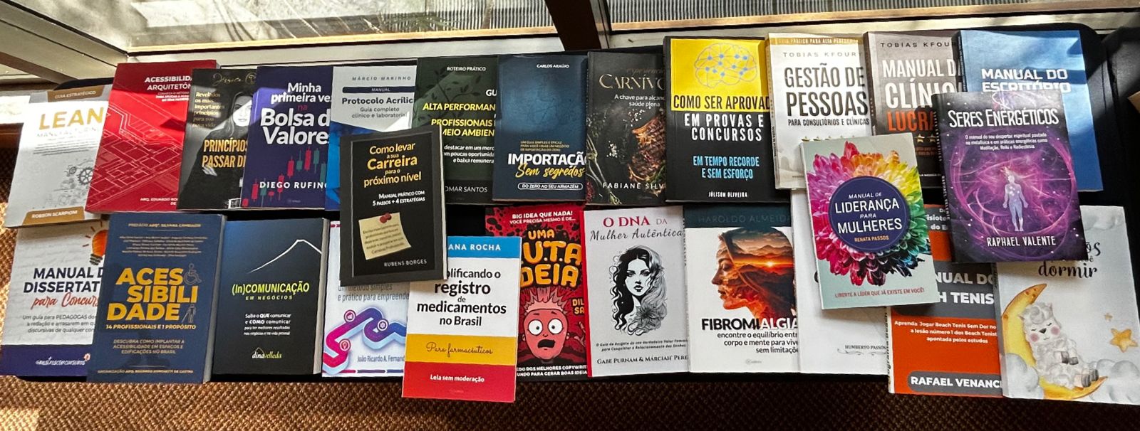 Alguns dos livros publicados por alunos do Método Super Livro, expostos em evento presencial