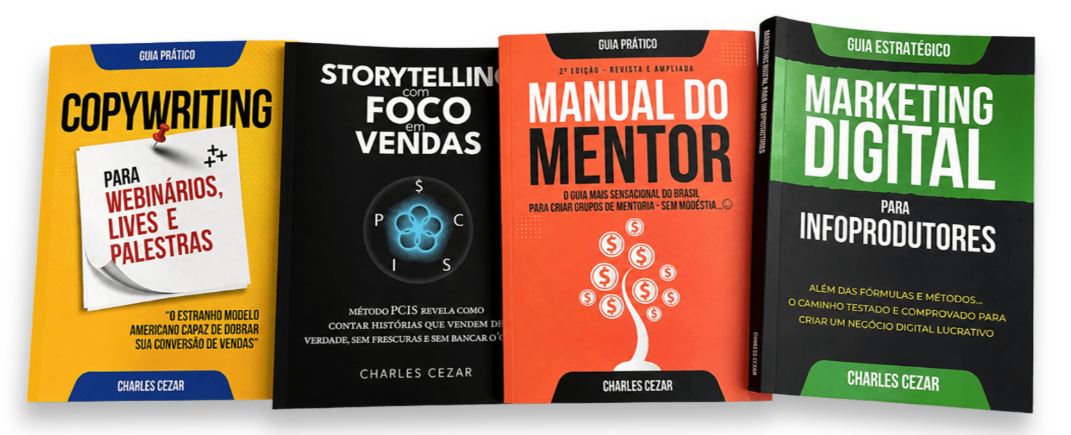 Os 4 livros físicos publicados por Charles Cezar: Copywriting, Storytelling com Foco em Vendas, Manual do Mentor e Marketing Digital para Infoprodutores