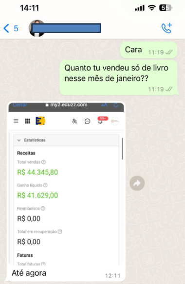 Print de WhatsApp — aluno relatando R$ 44.345,80 em vendas no mês de janeiro