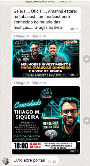 Print de WhatsApp — aluno convidado para podcast graças ao livro